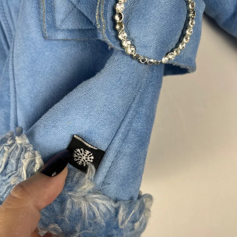 Rothschild Kids Blue Faux Suede Fur Trimmed Winter Jacket Rhinestones Girls 14Lg
